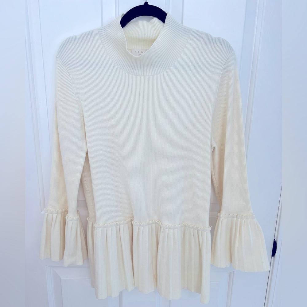 Ted Baker Creamy White Ruffle Mock Neck Sweater. Size 12 (UK 5)
